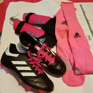 New, never worn Adidas girl's soccer cleats+more